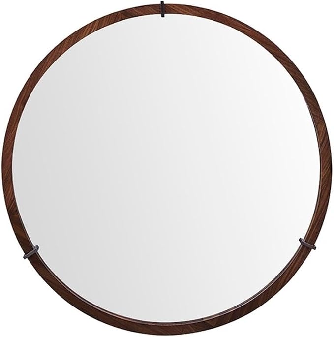 Pemberly Row 31.5" Round Accent Mirror, Walnut Wood and Veneer Frame, Brown Finish, Mid-Century Modern Design, Gunmetal Geometric Accents, Wall Mount for Entryway, Bedroom, Living Room Decor