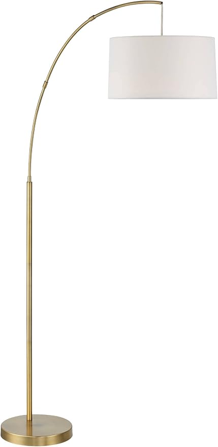 360 Lighting Cora Mid Century Modern Arc Lamps Floor Standing with USB Charging Port 72" Tall Brass Metal White Linen Fabric Drum Shade for Living Room Reading House Bedroom Home Office