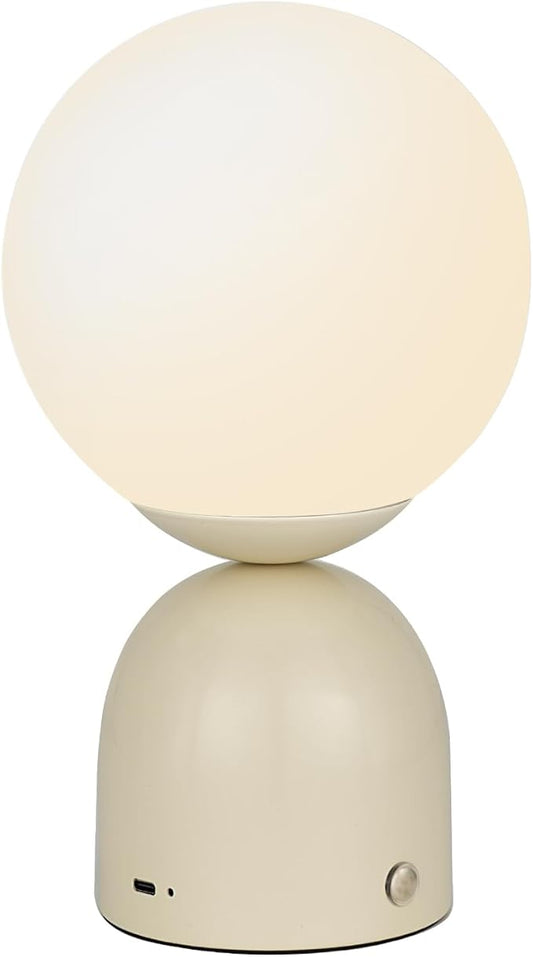Cordless Globe Glass Table lamp Beige, 5200-mAh Rechargeable Orb Lamp, 3-Level Brightness Dimmable, Integrated LED 320 Lumen Max, for Bedside Nightstand Light