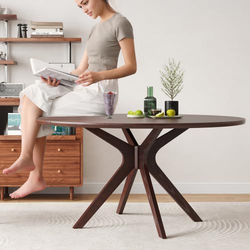 Bellemave Round Dining Table for 4-6, Solid Wood 47" Kitchen Table with Intersecting Pedestal Base, for Kitchen, Dining Room, Living Room (Walnut)