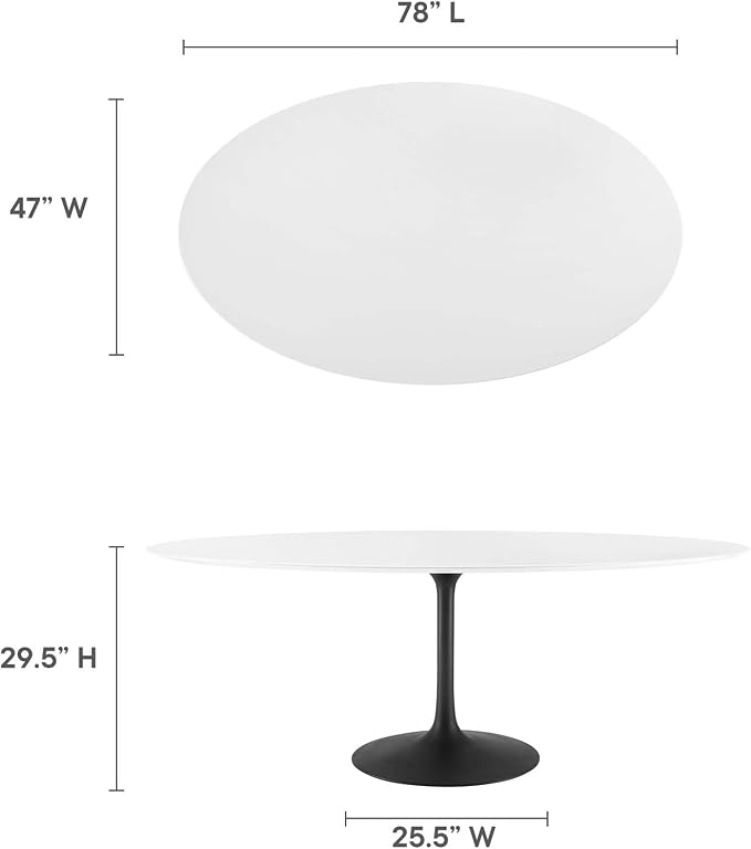 Modway Lippa 78" Oval-Shaped Mid-Century Modern Dining Table with White Wood Top and Black Base