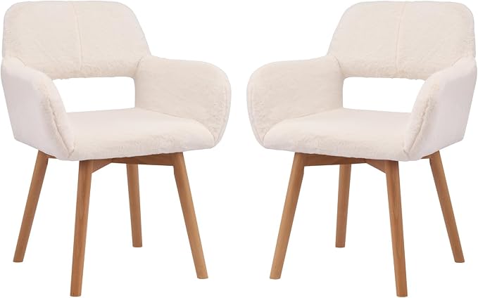 Mid Century Modern Dining Chairs Set of 2 Comfy Accent Chair Upholstered Kitchen Dining Living Room Chairs for Bedrooms Waiting Room Home Arm Desk Chair No Wheels (Rabbit Fur White, 2)