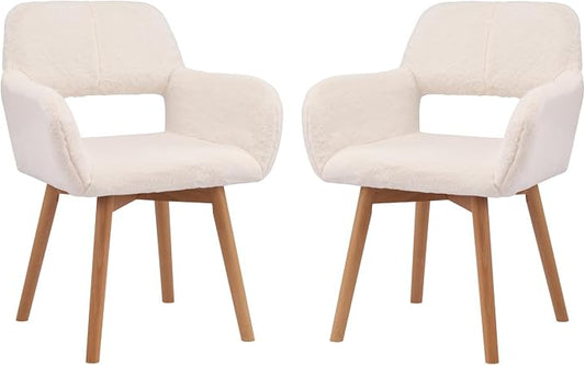 Mid Century Modern Dining Chairs Set of 2 Comfy Accent Chair Upholstered Kitchen Dining Living Room Chairs for Bedrooms Waiting Room Home Arm Desk Chair No Wheels (Rabbit Fur White, 2)
