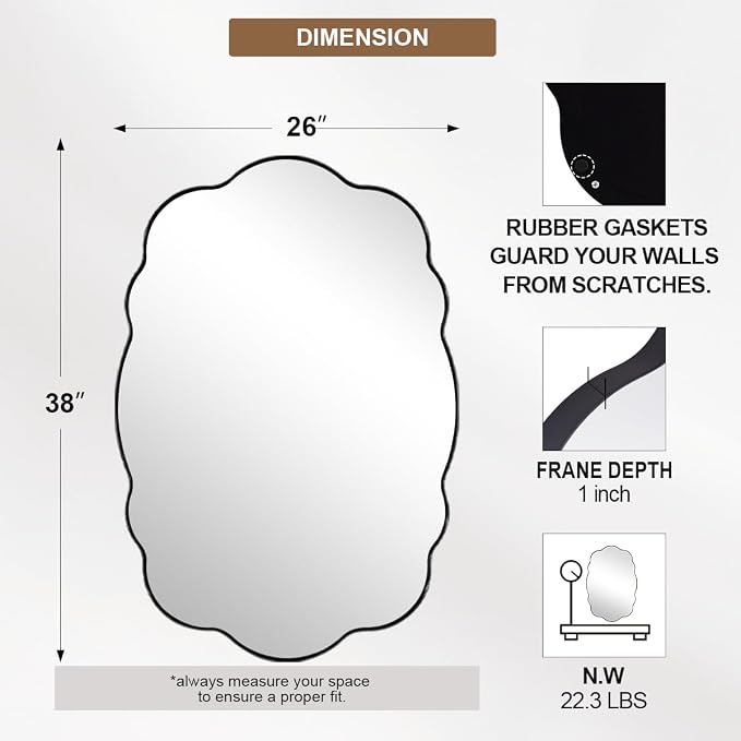 ANDY STAR Matte Black Wavy Oval Wall Mirror -26x38 Inch Scalloped Mirror for Bathroom, Living Room & Entryway, Anti Rust Stainless Steel Wall Mount Horizontal or Vertical