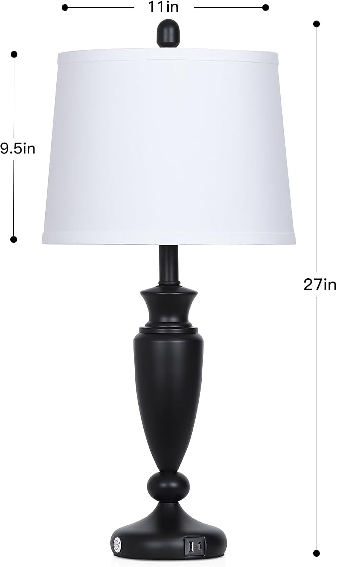 Rinweey 27'' Black Table Lamps Set of 2, 3 Way Touch Control Living Room Lamps with USB A+C Ports, Modern Bedside Lamps, Elegant Metal Nightstand Lamps for Bedroom Office End Table Decoration