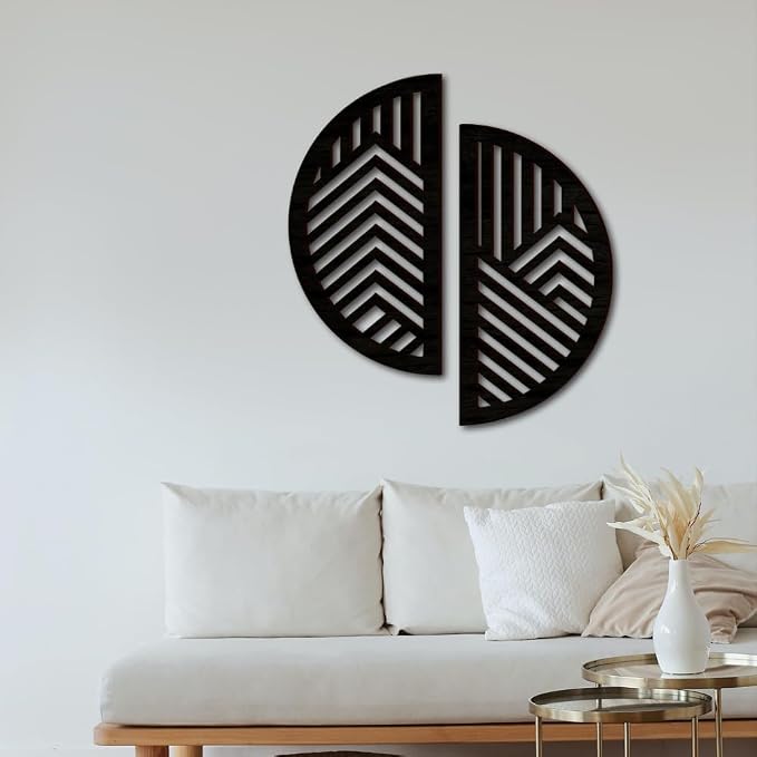 Geometric Wood Wall Art Decor, Modern Mountain Wall Sculptures Hanging Abstract Line Panels Decor, Hollow Half Round Wooden Craft Art Boho Wall Decoration, for Home Office Living Room Bedroom (Black)