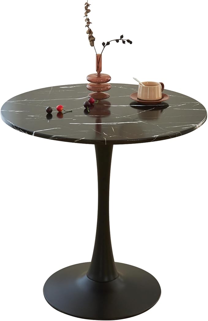 Round Dining Tulip Table for 2, Mid-Century Modern Table with Sturdy Metal Pedestal for Kitchen, Bistro, Cafe, Leisure (Faux Marble Black, 24 INCH)
