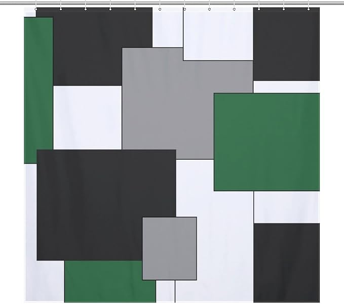 Retro Geometric Shower Curtain,Green Black Modern Geometry Minimalist Neutral Design Bathroom Curtain Polyester Waterproof Fabric Decor 72x72in（183x183cm）
