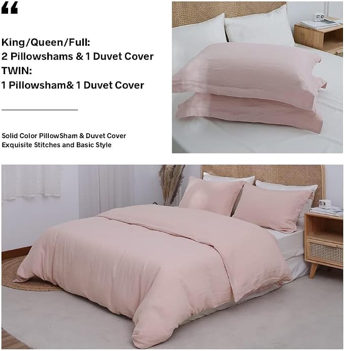 Simple&Opulence 100% Linen Duvet Cover Set, 3 PCS Natural French Flax Blush Pink Duvet Cover Queen Size, Breathable Soft Comfy Linen Bedding Comforter Cover with 2 Pillowcases(Blush Pink, 88"x92")