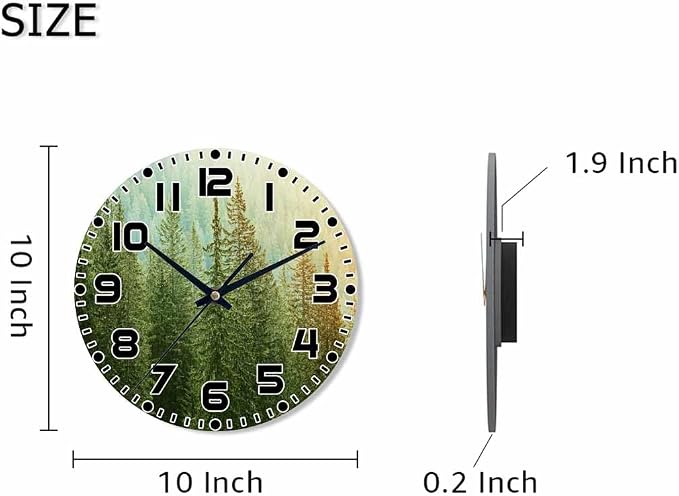 Fir Tree Wall Clock 10 inch Round Healthy Green Tree Silent Non Ticking Wood Wall Clocks Battery Operated Easy to Read Decorative Wall Clock for Bedroom Kitchen Living Room Bathroom