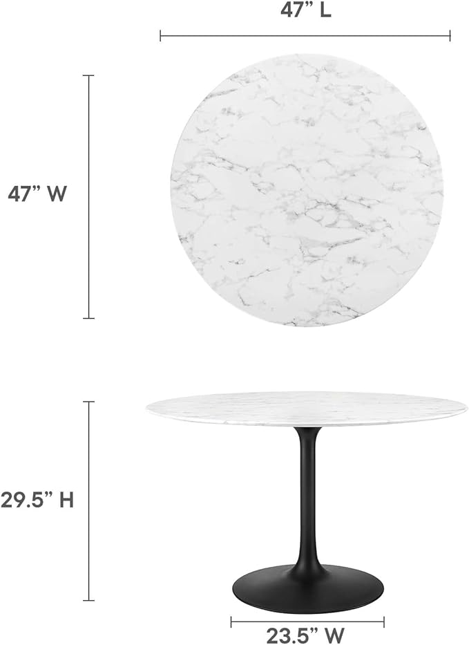 Modway Lippa 47" Round Artificial Marble Dining Table, Top, Black Base
