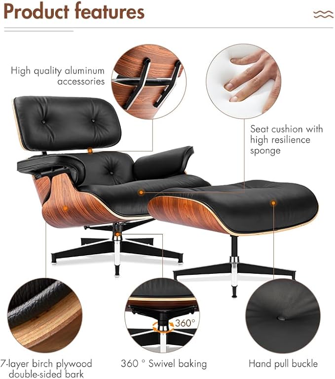 TigerParty Mid Century Chaise Lounge Chair with Ottoman, Top Black Grain Leather, Modern Office Chair Classic Design, Heavy Duty Base Support for Living Room Lounge Office