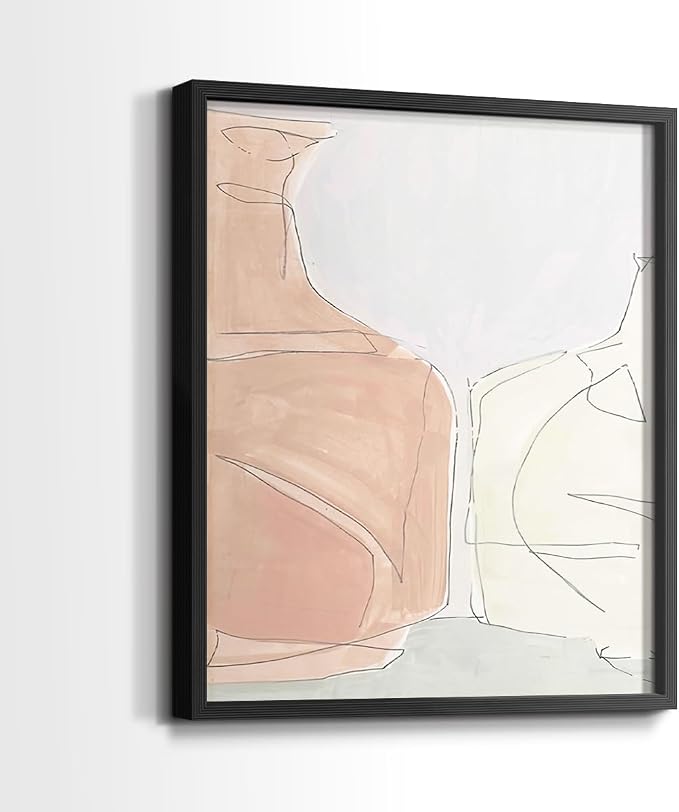 Renditions Gallery Set of 2 Peel & Stick Framed Prints, Neutral Abstract Wall Art, Soft Tones Delicate Linework Wall Decor, Re-Stickable - Ready to Hang - 8"x10" - Black Frame LT588