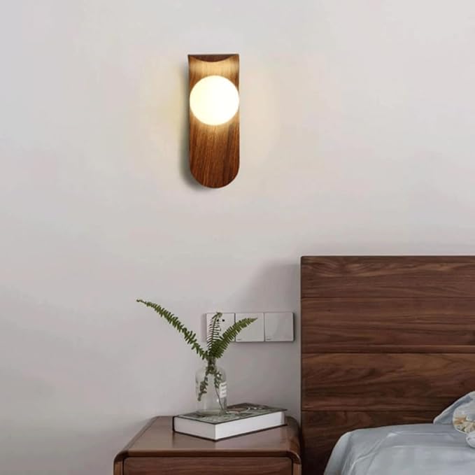 Mid Century Wall Sconce Walnut Texture Glass Globe Wall Lighting Wood Industrial Farmhouse Wall Light Bedside Indoor Retro Industrial Wall Mounted Lamp for Living Room Bedroom Bathroom