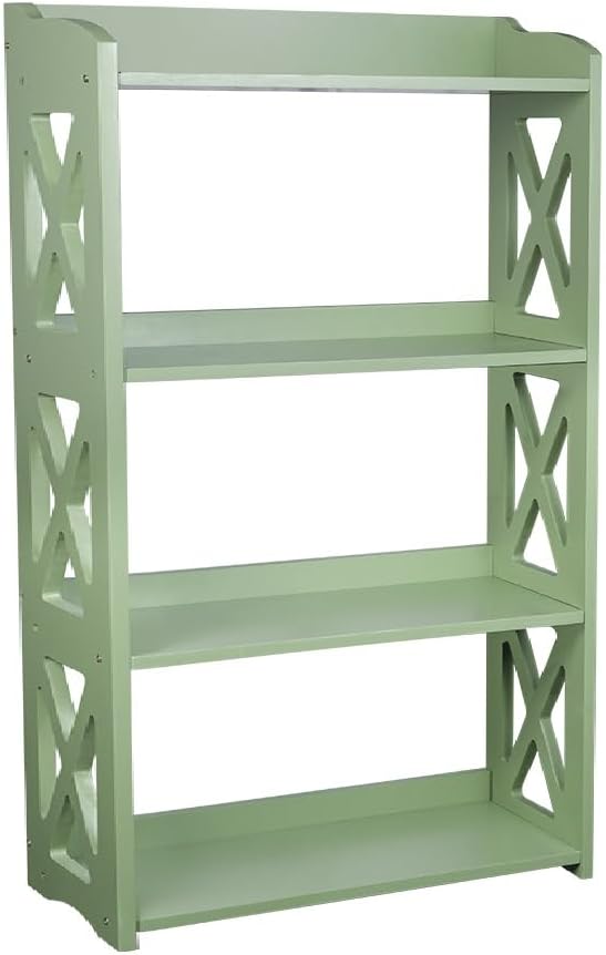 Green Bookcase by Natural Wood, 4 Tier Bookshelf, Small Book Shelves Freestanding Display Storage Shelves. Open Bookshelf for Bedroom, Living Room and Office (Green, 4 Tier)