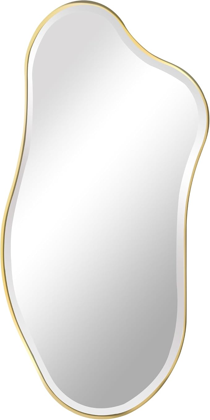 POZINO Irregular Beveled Mirror, 40"x20" Asymmetrical Vanity Wall Mirror with Gold Metal Frame, Organic Shape Mirrors for Entryway Bathroom Living Room Bedroom Hallway, Horizontal/Vertical Hanging