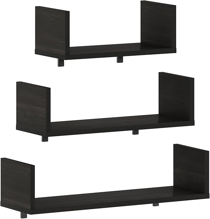 Furinno Rossi Bedroom Decor Wall Mounted Floating Display Shelves with Invisible Brackets, Set of 3, Espresso