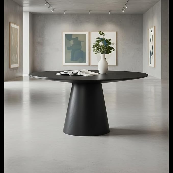 47" Round Dining Table for 4-6, Modern Mid Centery Farmhouse Wood Round Kitchen Table for 4-5 People with Circle Pedestal Base for Dining Room Living Room Dinner Restaurant Furniture, Black