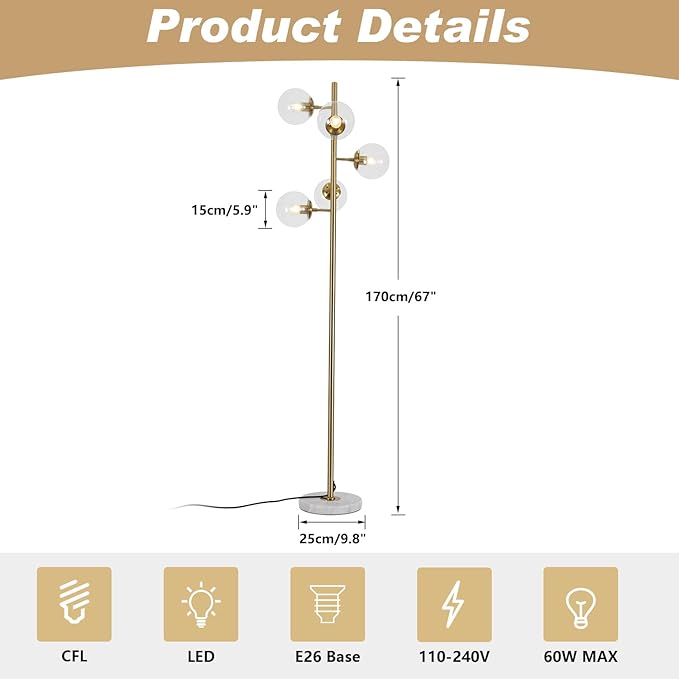 KCO Lighting Clear Bubble Glass Floor Lamp Nordic Globe Floor Lamp Brass Floor Light Vintage Gold Floor Lamps Modern Tall Standing Lamp for Living Room Bedroom Office