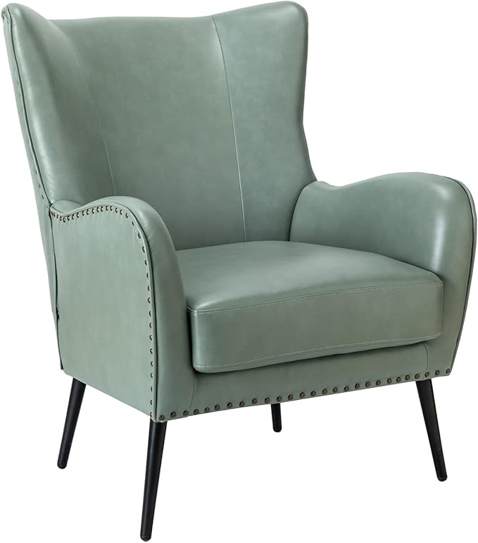 HULALA HOME Faux Leather Accent Chair with Removable Cushion, Comfy Upholstered Armchair with Black Metal Legs & Nailhead Trim Wingback Vanity Chair for Bedroom Reading Living Room, SAGE