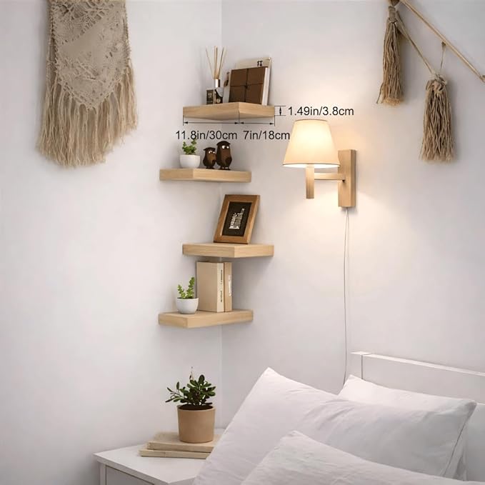 Bathroom Floating Shelves for Wall, Oak Small 11.8" Floating Shelf for Storage, Display and Warm Farmhouse Rustic Home Decor, Over Toilet Organization for Bedroom, Living Room, 4-Pack
