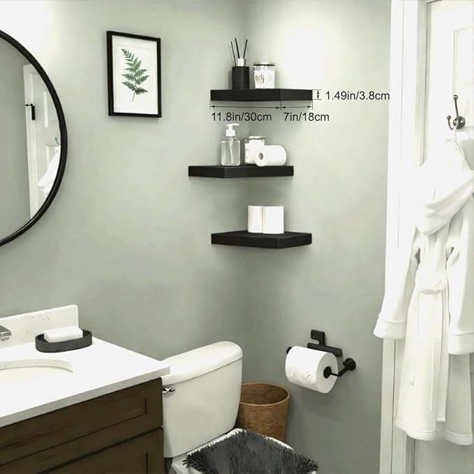 Floating Shelves for Wall, Black Small 11.8" Bathroom Wall Shelves and Floating Shelf for Storage, Display Shelf for Home Decor, Perfect Over Toilet and Bedroom, Living Room, 3-Pack