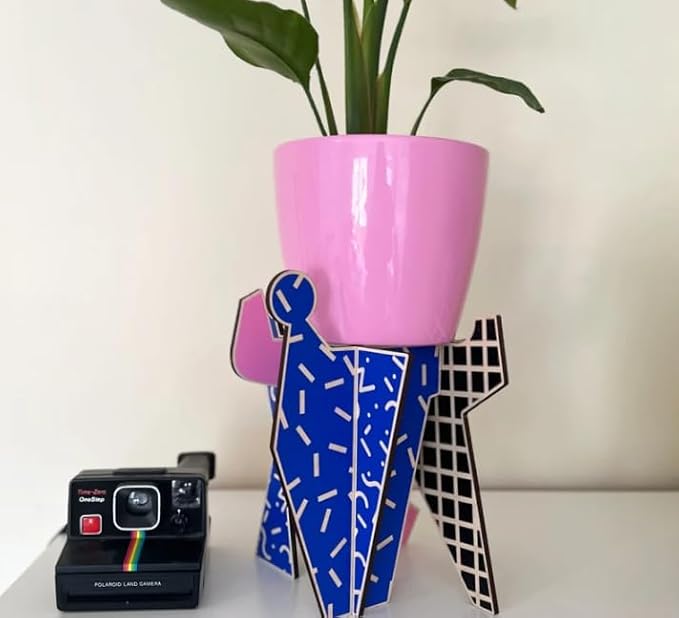 Retro Geometric Indoor Plant Stand Wooden Holder for Small Pots Mid Century Style Decor (Regular)