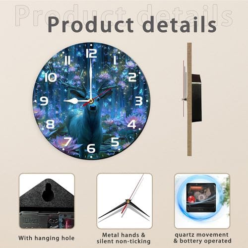 FemiaD Deer Wall Clock 10inch Silent Non-Ticking Battery Operated Quartz Round Wooden Wall Clock Decorative for Kitchen Bedroom Living Room Home Decor