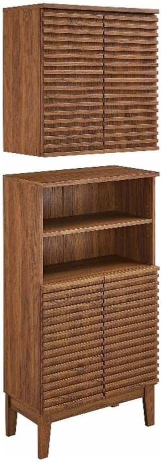 Modway Render Bathroom Cabinet Set in Walnut - Freestanding Linen Cabinet and Wall Mounted Storage with Slatted Doors, Adjustable Shelves