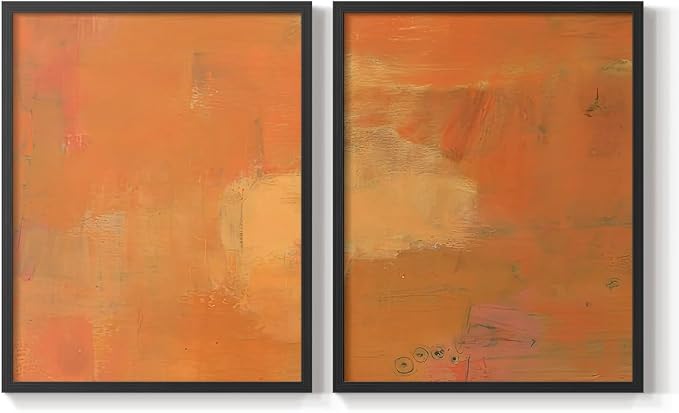 Renditions Gallery Set of 2 Peel & Stick Framed Prints, Abstract Wall Art, Rustic Fain Marking with Brush Strokes Wall Decor, Re-Stickable - Ready to Hang - 22"x28" - Black Frame LT588