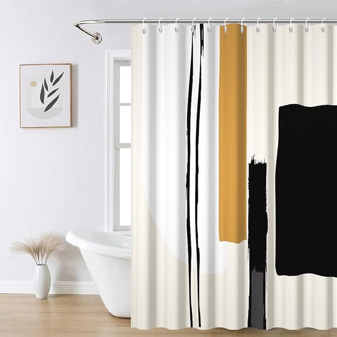 Abstract Geometric Shower Curtain for Bathroom Modern Minimalist Neutral Bathroom Decor Set Black and Beige Bathtub Curtain for Hotel Machine Washable Waterproof Polyester Fabric with Hooks 54x72 Inch