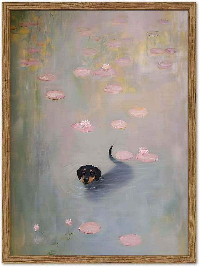 Funny Black Dog Wall Art Cute Dachshund in Water Wall Decor Picture Vintage Animal Swimming with Monet Waterlily Canvas Painting Print for Bedroom Living Room 16x24 inch Wood Framed
