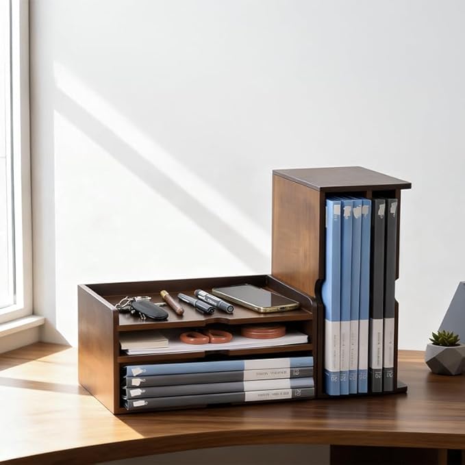 Wooden Desk Organizer with Dark Wood Finish, Stackable Paper Tray & File Holder, Multifunctional Mail Letter Sorter for A4 Documents, File Organizer，Office Supplies Storage for Home Office Study Work
