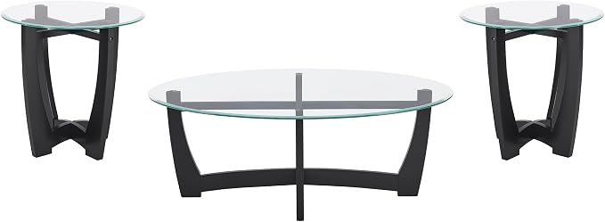 23.5" Round Glass End Table, Modern Side Table with Tempered Glass Top and Black Solid Wood Base, Small Circular Coffee Table for Living Room, Office, Apartment
