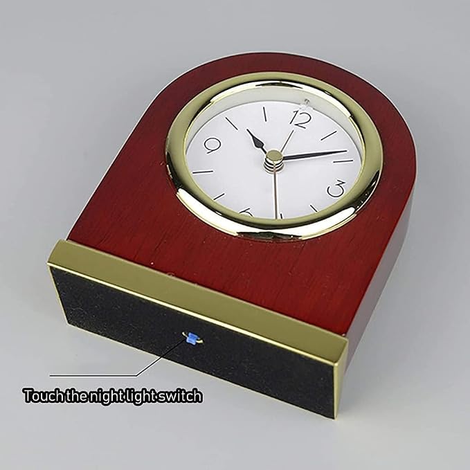Table Clock Classic Desk Alarm Wood Desk Archway Small shelf clock with Silver Base. Retro Style small table clock, Modern Arched Shaped Clock,Low-Gloss Rosewood Hall Finish, Brass Finish Metal Bass.