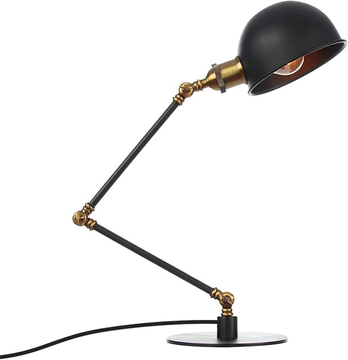 Makeup Vintage Desk Lamp, Adjustable Swing Arm Industrial Metal Task Table Lamp, Bedroom Bedside Night Light Retro Reading Lighting,Black+Gold