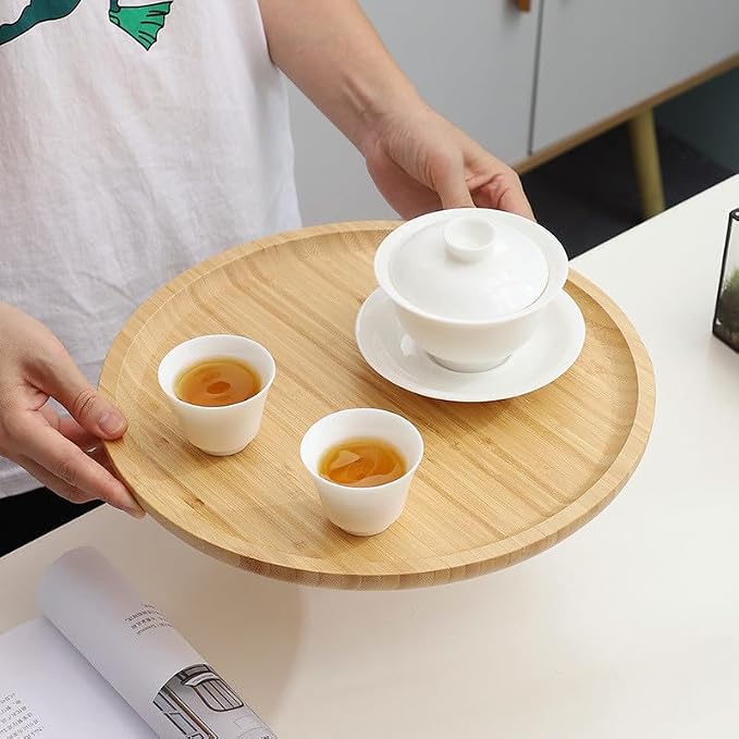 Round Bamboo Tray, Wood Serving Tray, Wooden Platter, Wood Charcuterie Board, Decorative Tray for Coffee Table, 11.8 inch