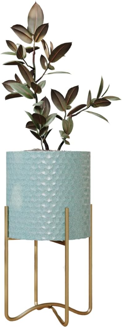 EverNest Mid-Century Modern Rhys Honeycomb Embossed Planter Pot with Ambrose Stand, Metal Indoor Plant Pots, Blue Green Bohemian Style (Small 1 Gallon)
