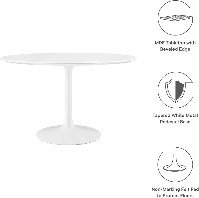 Modway Lippa 47" Mid-Century Modern Dining Table with Round Top and Pedestal Base in White