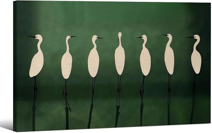 Japanese Cranes Wall Art 24x36 inch Wrapped Framed Retro Bird Animal Canvas Poster Nature Minimalist Green Home Prints for Living Room Bedroom Office Decor