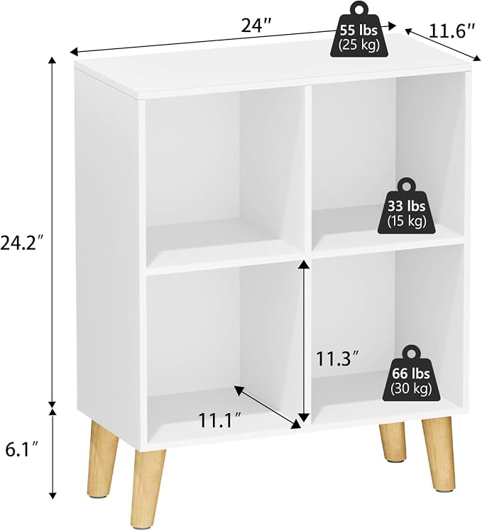 4 Cube Storage Organizer with Legs, 2 Tier Cube Low Bookcase Freestanding Storage Display Organizer for Home Office, Four-Cubes Open Shelf Short Bookshelf (White, 4 Cube)