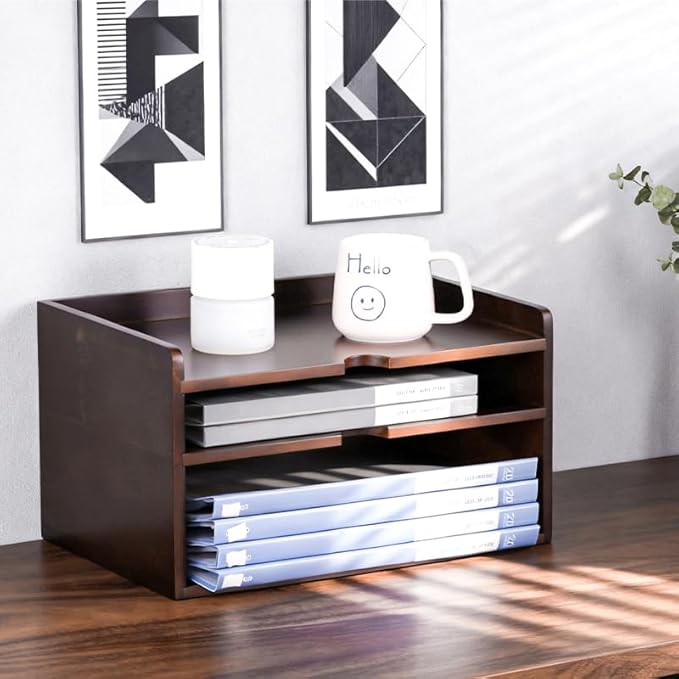 Wooden Desk Organizer with Dark Wood Finish, Stackable Paper Tray & File Holder, Multifunctional Mail Letter Sorter for A4 Documents, File Organizer，Office Supplies Storage for Home Office Study Work