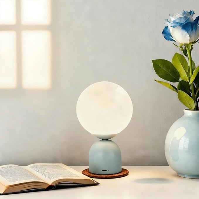 Cordless Globe Glass Table lamp (Light Green), 5200-mAh Rechargeable, 3-Level Brightness Dimmable, Integrated LED 320 Lumen Max, for Bedside Nightstand Light