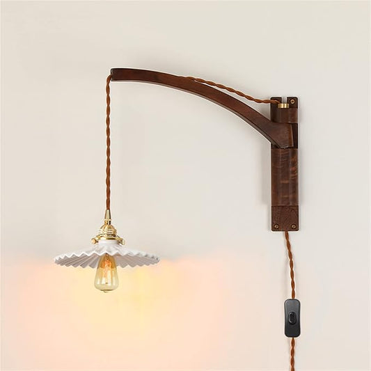 Classic Retro Walnut Lamp, Ceramic/Glass/Bronze Lampshade, Long Arm Swing Arm Folding Adjustable Wooden Light, Indoor Lighting, Sconce, Decoration,B