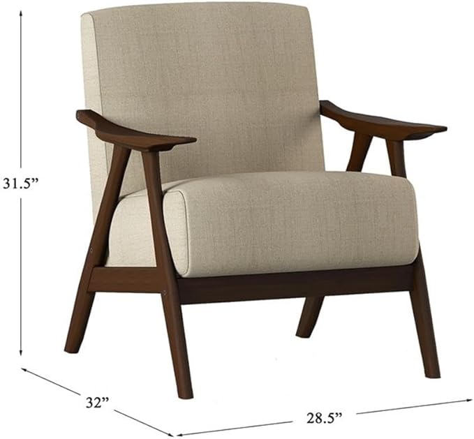 Lexicon Mid Century Modern Accent Chair with Solid Wood Frame in Walnut Finish, Upholstered Living Room Lounge Arm Chair, Thick and Comfy Innerspring Seat Cushion, Linen-Look Fabric, Light Brown