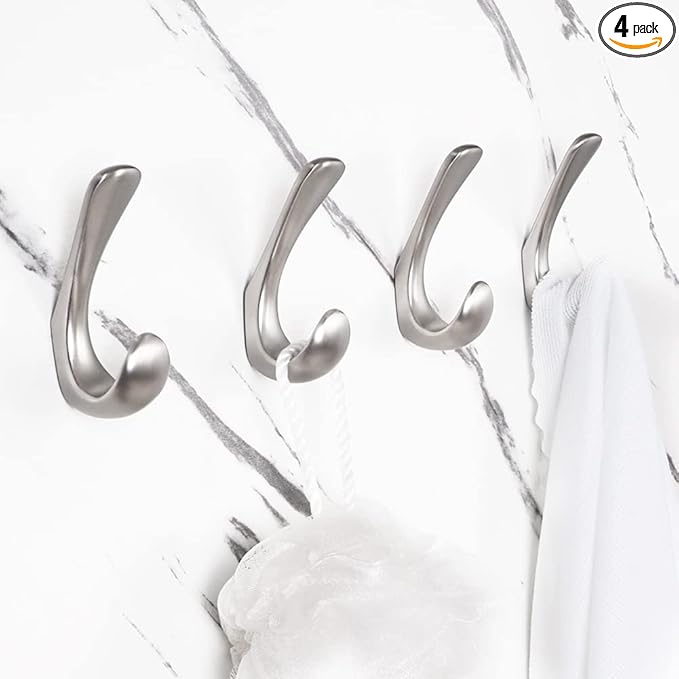 4 Pack Towel Hooks for Bathrooms Wall Mounted, Brushed Nickel Bathroom Hooks for Towels, Robe & Towel Hook for Wall, Modern Bath Towel Hook