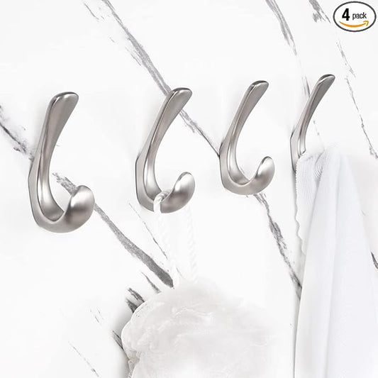 4 Pack Towel Hooks for Bathrooms Wall Mounted, Brushed Nickel Bathroom Hooks for Towels, Robe & Towel Hook for Wall, Modern Bath Towel Hook