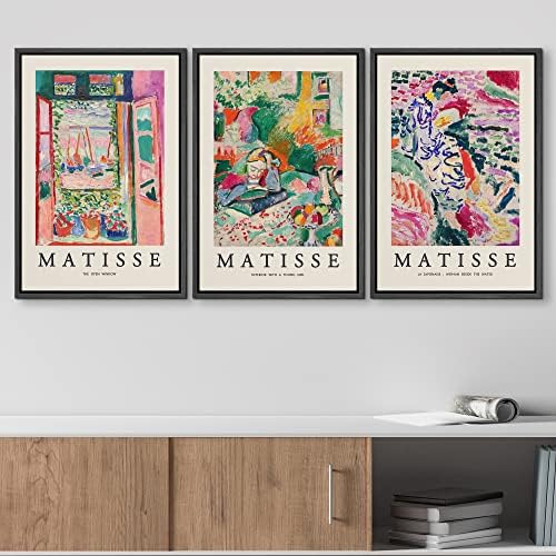 wall26 Framed Canvas Wall Art Print Set French Floral Rainbow Landscapes Henri Matisse Nature Plants Illustrations Modern Relax/Calm Multicolor for Living Room, Bedroom, Office - 16"x24"x3 Black