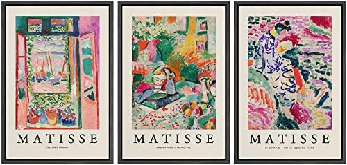 wall26 Framed Canvas Wall Art Print Set French Floral Rainbow Landscapes Henri Matisse Nature Plants Illustrations Modern Relax/Calm Multicolor for Living Room, Bedroom, Office - 16"x24"x3 Black
