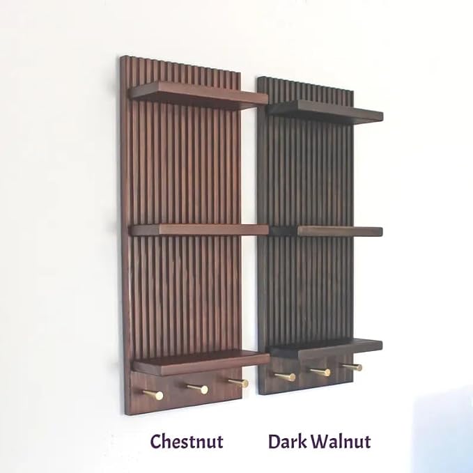 Mid‑Century Vertical Fluted Wall Shelf with Brass Knobs, 3‑Tier Dark Walnut Wood Wall‑Mount Organizer, Decorative Floating Display Rack for Plants Jewelry Home Decor